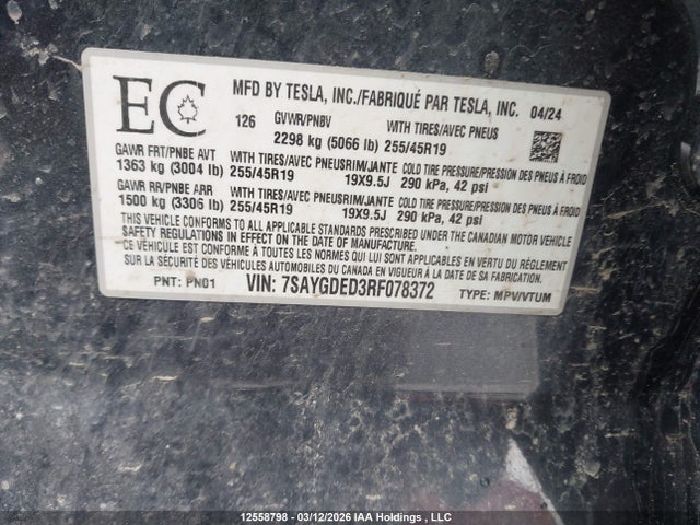 2024 Tesla Model Y Long Range/rwd მანქანა იყიდება აუქციონზე, vin: 7SAYGDED3RF078372, აუქციონის ნომერი: 12558798