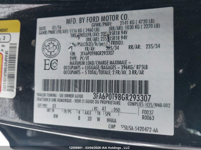 Продаж на аукціоні авто 2016 Ford Fusion Se, vin: 3FA6P0T98GR293307, номер лоту: 12558801