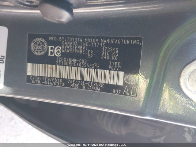 12558808 :رقم المزاد ، 2T1BURHE4GC553218 vin ، 2016 Toyota Corolla L/le/le Pls/prm/s/s Pls مزاد بيع