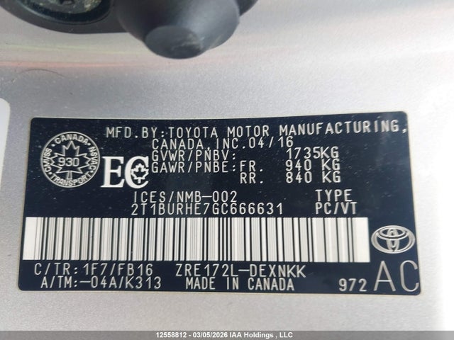 2T1BURHE7GC666631 Toyota Corolla L/le/le Pls/prm/s/s Pls