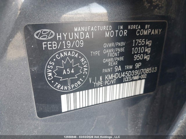 Продажа на аукционе авто 2009 Hyundai Elantra Gls/se, vin: KMHDU45D39U708513, номер лота: 12558846