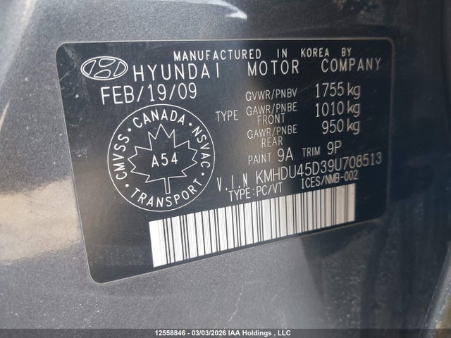 Продажа на аукционе авто 2009 Hyundai Elantra Gls/se, vin: KMHDU45D39U708513, номер лота: 12558846