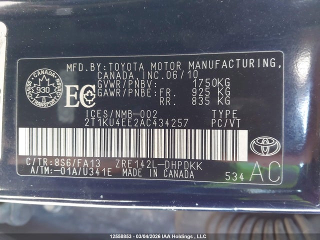 12558853 :رقم المزاد ، 2T1KU4EE2AC434257 vin ، 2010 Toyota Matrix مزاد بيع