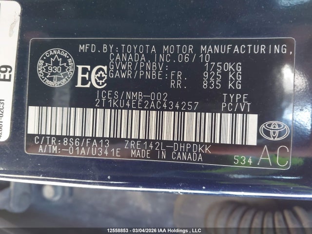 12558853 :رقم المزاد ، 2T1KU4EE2AC434257 vin ، 2010 Toyota Matrix مزاد بيع
