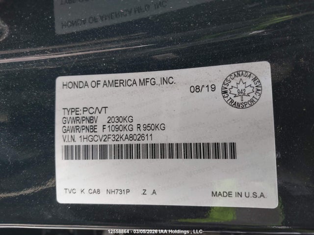 Продаж на аукціоні авто 2019 Honda Accord Sport, vin: 1HGCV2F32KA802611, номер лоту: 12558864