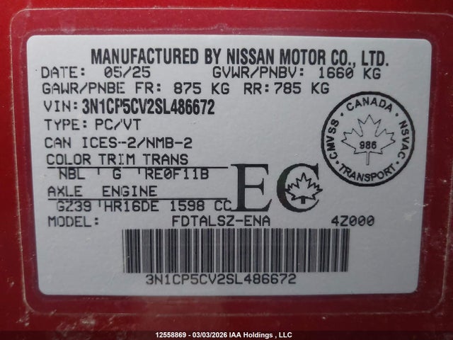 Продаж на аукціоні авто 2025 Nissan Kicks Play Sv, vin: 3N1CP5CV2SL486672, номер лоту: 12558869