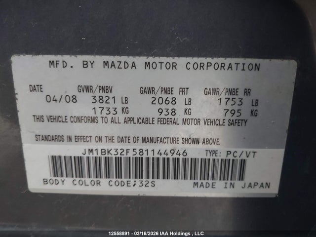 Продаж на аукціоні авто 2008 Mazda 3 I, vin: JM1BK32F581144946, номер лоту: 12558891