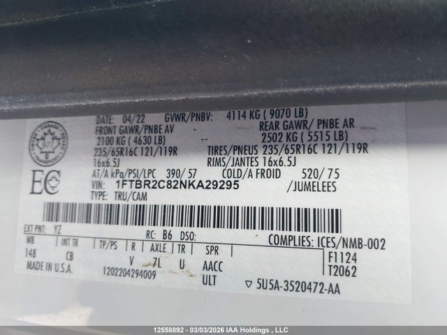 12558892 :رقم المزاد ، 1FTBR2C82NKA29295 vin ، 2022 Ford Transit T-250 مزاد بيع