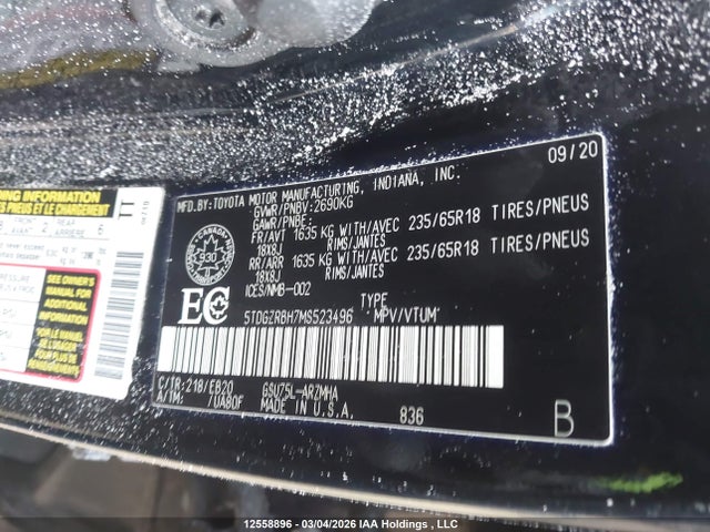 5TDGZRBH7MS523496 Toyota Highlander Xle