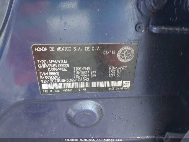 3CZRU6H30GM108942 Honda HR-V LX