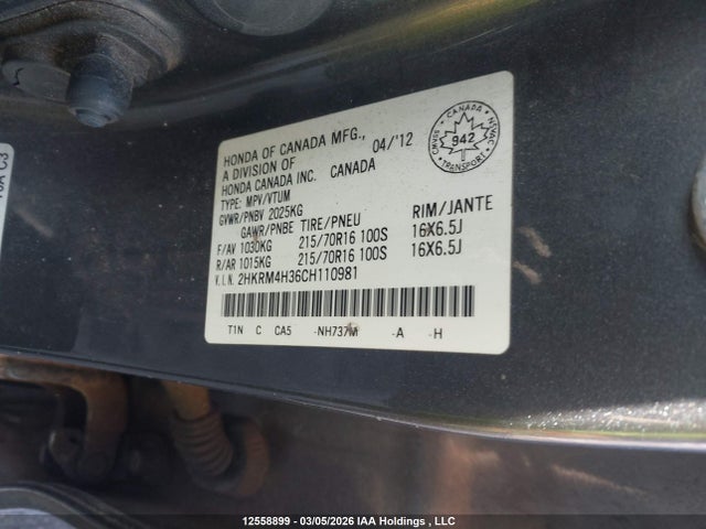 12558899 :رقم المزاد ، 2HKRM4H36CH110981 vin ، 2012 Honda Cr-v Lx مزاد بيع