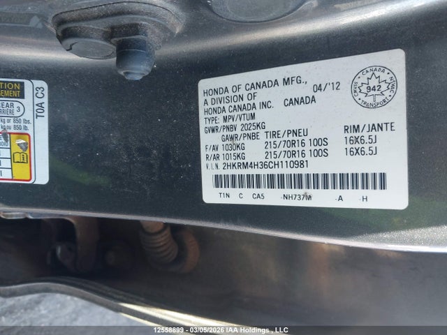 12558899 :رقم المزاد ، 2HKRM4H36CH110981 vin ، 2012 Honda Cr-v Lx مزاد بيع