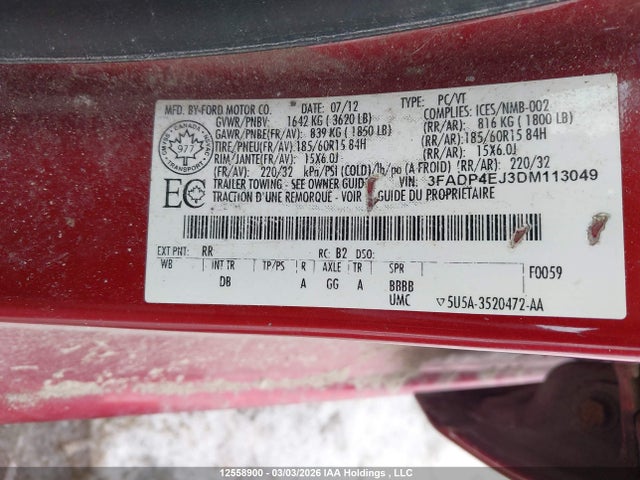 2013 Ford Fiesta Se მანქანა იყიდება აუქციონზე, vin: 3FADP4EJ3DM113049, აუქციონის ნომერი: 12558900