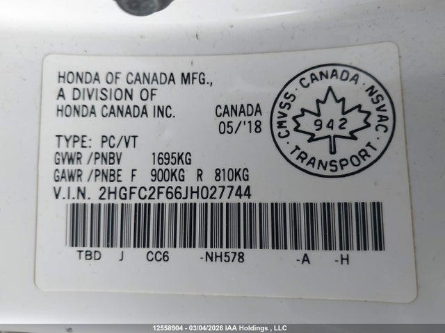 2018 Honda Civic Lx მანქანა იყიდება აუქციონზე, vin: 2HGFC2F66JH027744, აუქციონის ნომერი: 12558904