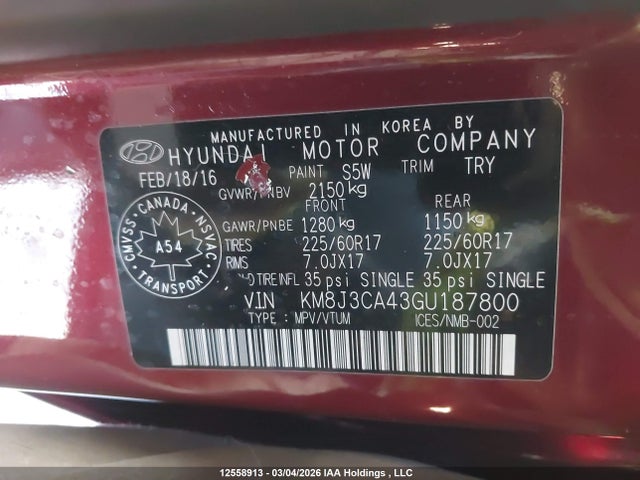 Продаж на аукціоні авто 2016 Hyundai Tucson Limited/sport And Eco/se, vin: KM8J3CA43GU187800, номер лоту: 12558913