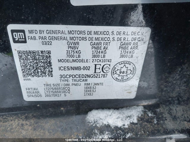 12487848 :رقم المزاد ، 3GCPDCED2NG521787 vin ، 2022 Chevrolet Silverado 1500 Custom Trail Boss مزاد بيع
