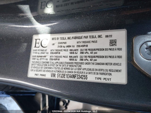 5YJ3E1EA4NF334255 Tesla Model 3 Rwd/standard Range