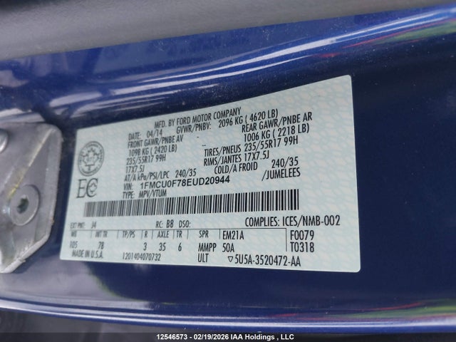2014 Ford Escape S მანქანა იყიდება აუქციონზე, vin: 1FMCU0F78EUD20944, აუქციონის ნომერი: 12546573