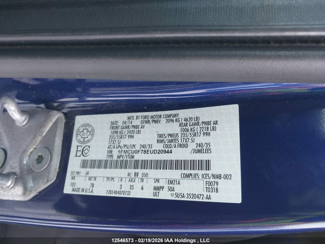 2014 Ford Escape S მანქანა იყიდება აუქციონზე, vin: 1FMCU0F78EUD20944, აუქციონის ნომერი: 12546573