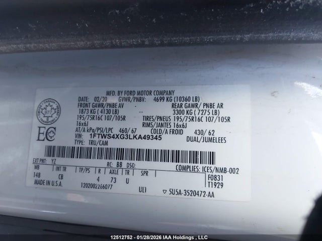 1FTWS4XG3LKA49345 Ford Transit-350 Cargo