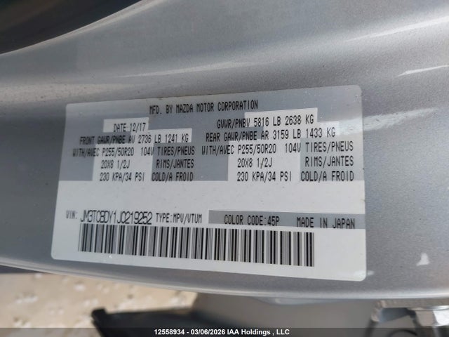 Aukcja sprzedaży 2018 Mazda Cx-9, vin: JM3TCBDY1J0219252, numer aukcji: 12558934