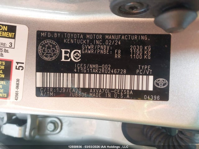 Продаж на аукціоні авто 2024 Toyota Camry Se Night Shade/se, vin: 4T1G11AK2RU246728, номер лоту: 12558936