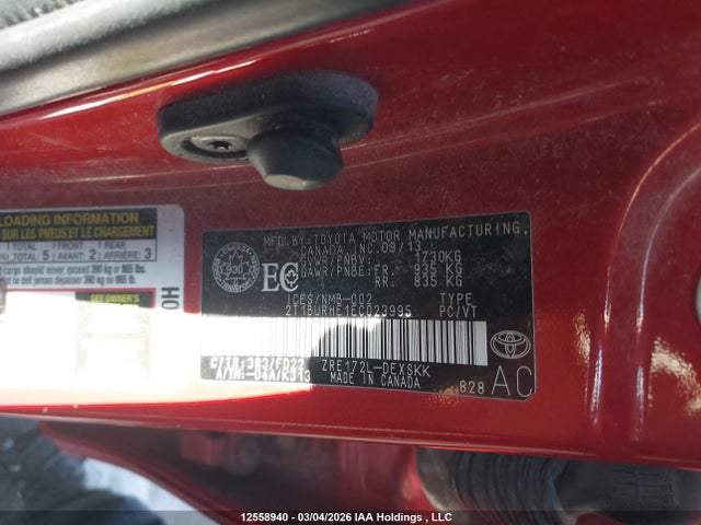2014 Toyota Corolla L/le/le Pls/prm/s/s Pls მანქანა იყიდება აუქციონზე, vin: 2T1BURHE1EC023995, აუქციონის ნომერი: 12558940
