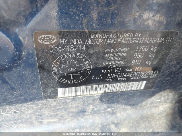 5NPDH4AE8FH625933 Hyundai ELANTRA GL