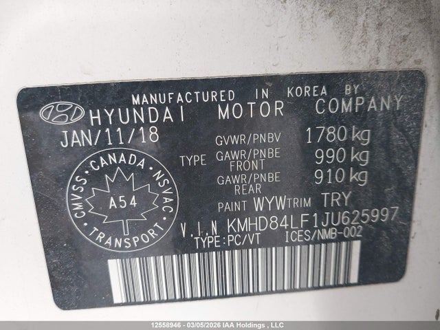 KMHD84LF1JU625997 Hyundai Elantra Sel/value/limited