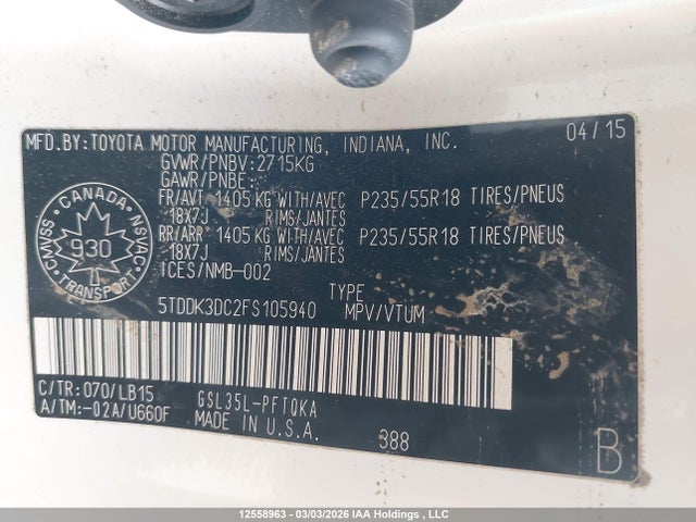 Aukcja sprzedaży 2015 Toyota Sienna Xle 7 Passenger, vin: 5TDDK3DC2FS105940, numer aukcji: 12558963