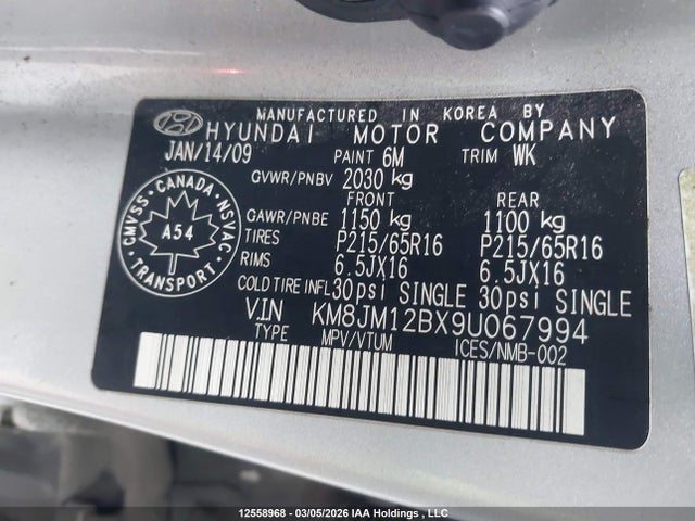 12558968 :رقم المزاد ، KM8JM12BX9U067994 vin ، 2009 Hyundai Tucson Gls مزاد بيع