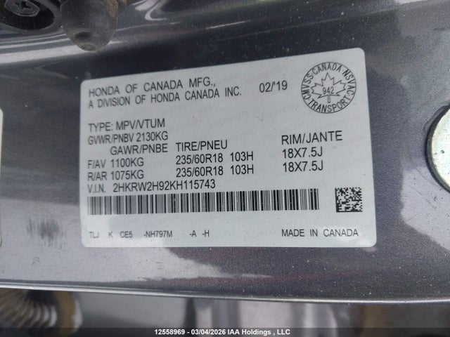 Продаж на аукціоні авто 2019 Honda Cr-v Touring, vin: 2HKRW2H92KH115743, номер лоту: 12558969