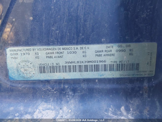 12558971 :رقم المزاد ، 3VWHL81K39M001966 vin ، 2009 Volkswagen Jetta 2.0 Tdi Comfortline مزاد بيع