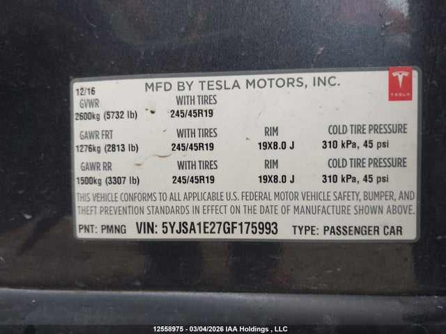 Продажа на аукционе авто 2016 Tesla Model S, vin: 5YJSA1E27GF175993, номер лота: 12558975