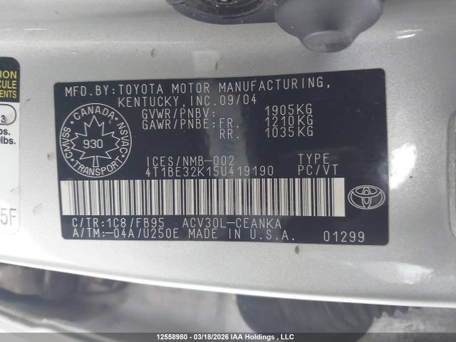 Aukcja sprzedaży 2005 Toyota Camry Le/xle/se, vin: 4T1BE32K15U419190, numer aukcji: 12558980