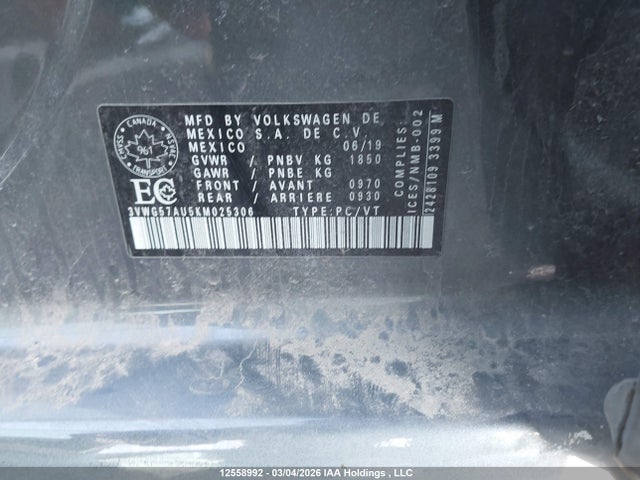 Продажа на аукционе авто 2019 Volkswagen Golf, vin: 3VWG57AU5KM025306, номер лота: 12558992
