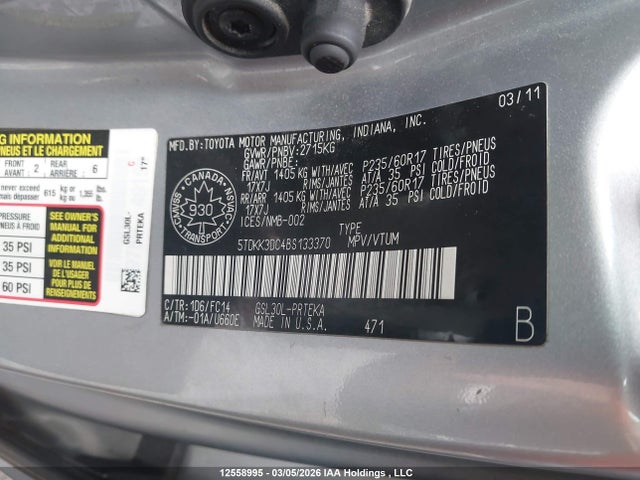 Aukcja sprzedaży 2011 Toyota Sienna Le 8 Passenger, vin: 5TDKK3DC4BS133370, numer aukcji: 12558995