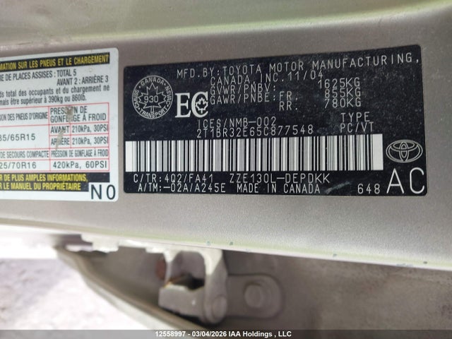 Aukcja sprzedaży 2005 Toyota Corolla Ce/le/s, vin: 2T1BR32E65C877548, numer aukcji: 12558997