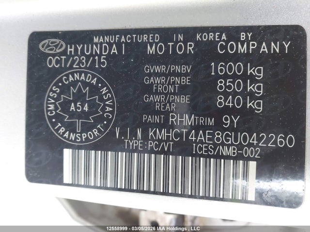 KMHCT4AE8GU042260 Hyundai ACCENT SE