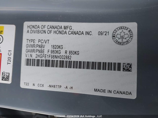 2HGFE1F98NH002882 Honda Civic Touring