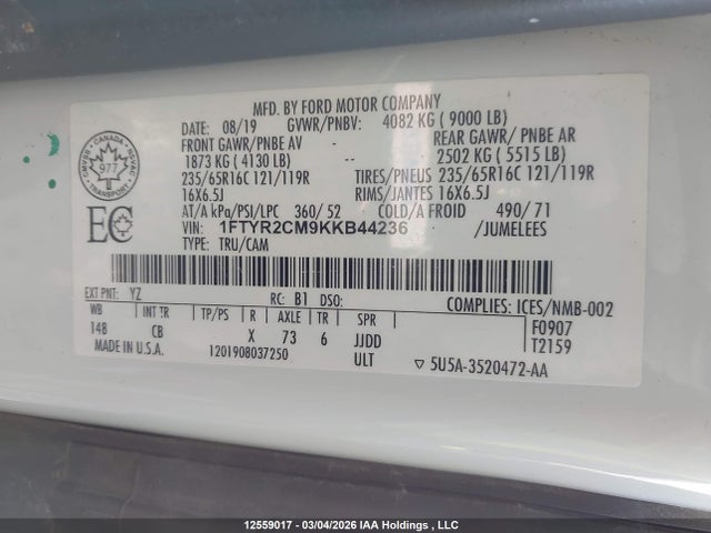 12559017 :رقم المزاد ، 1FTYR2CM9KKB44236 vin ، 2019 Ford Transit T-250 مزاد بيع