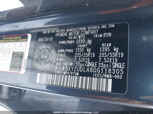 12559019 :رقم المزاد ، 5XYZUDLA8DG118305 vin ، 2013 Hyundai Santa Fe Sport مزاد بيع