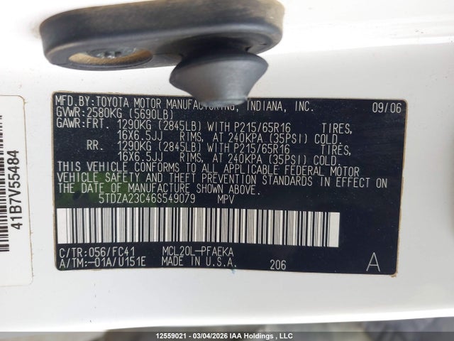 12559021 :رقم المزاد ، 5TDZA23C46S549079 vin ، 2006 Toyota Sienna Le V6 مزاد بيع