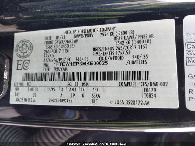 Продажа на аукционе авто 2021 Ford F150 Supercrew, vin: 1FTEW1EP6MKE00025, номер лота: 12559027