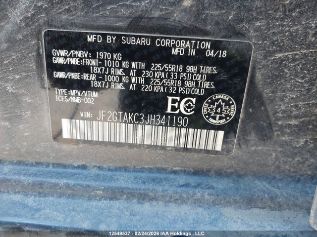 JF2GTAKC3JH341190 Subaru Crosstrek Limited