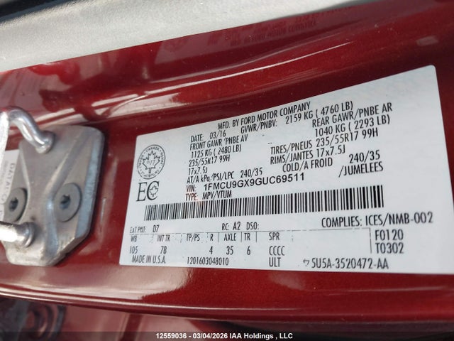 1FMCU9GX9GUC69511 Ford ESCAPE SE