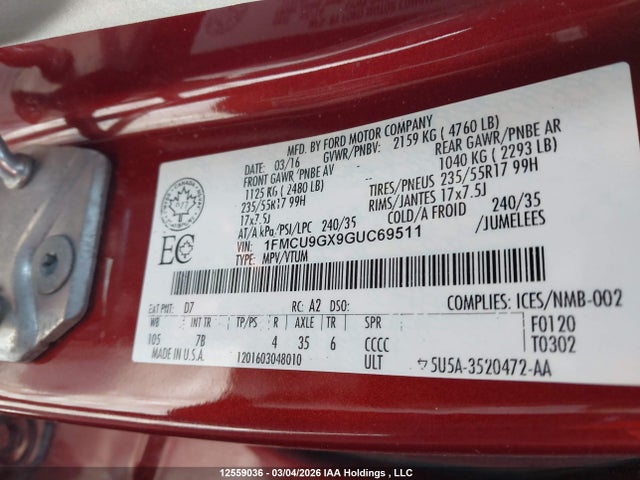 1FMCU9GX9GUC69511 Ford ESCAPE SE