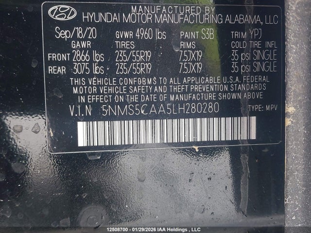 5NMS5CAA5LH280280 Hyundai Santa Fe Limited 2.0t