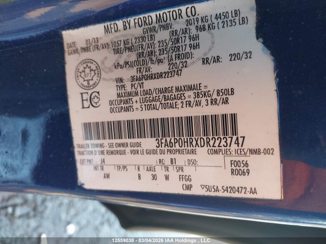 2013 Ford Fusion მანქანა იყიდება აუქციონზე, vin: 3FA6P0HRXDR223747, აუქციონის ნომერი: 12559038