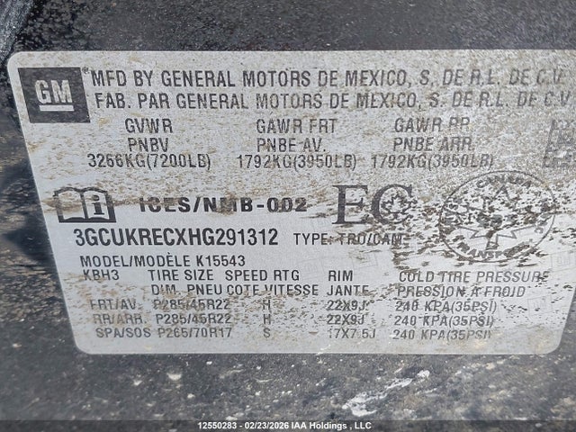 3GCUKRECXHG291312 Chevrolet Silverado 1500 1lt